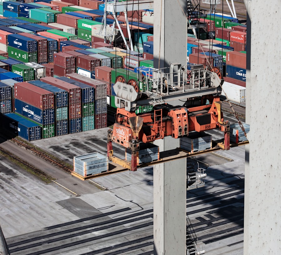Overhead view of shipping containers and a crane
