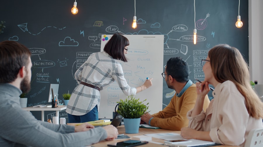Team reviewing a process on a whiteboard